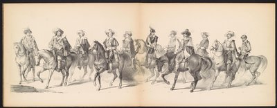 Maskarada studentów z Leiden, 1850 (tablica 7) Intogt Frederika Hendrika w Hertogenbosch w 1629 r.: przedstawienie w kostiumie H.H. uczniowie Leydsche Hoogeschool den XI Junij z roku 1850 (tytuł serii na obiekcie) autorstwa Carel Christiaan Antony Last