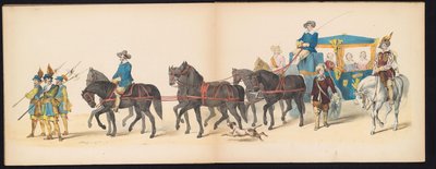 Maskarada uczniów Leiden, 1850 (tablica 8) Intogt Frederika Hendrika w Hertogenbosch w 1629 r.: przedstawienie w kostiumie autorstwa H.H. uczniowie Leydsche Hoogeschool den XI Junij z roku 1850 (tytuł serii na obiekcie) autorstwa Carel Christiaan Antony Last