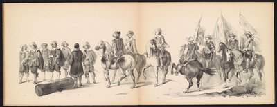 Maskarada studentów z Leiden, 1850 (tablica 9) Intogt Frederika Hendrika w Hertogenbosch w 1629 r.: przedstawienie w kostiumie autorstwa H.H. uczniowie Leydsche Hoogeschool den XI Junij z roku 1850 (tytuł serii na obiekcie) autorstwa Carel Christiaan Antony Last
