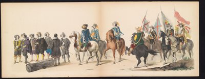 Maskarada studentów z Leiden, 1850 (tablica 9) Intogt autorstwa Frederika Hendrika w Hertogenbosch w 1629 r.: przedstawienie w kostiumie autorstwa H.H. uczniowie Leydsche Hoogeschool den XI Junij z roku 1850 (tytuł serii na obiekcie) autorstwa Carel Christiaan Antony Last