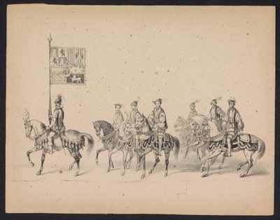 Maskarada Studentów Utrechtu, 1846 (tablica 15) Przedstawienie procesji w kostiumach, przedstawiającej procesję Filipa II, księcia Hiszpanii, w Utrechcie 3 października 1549 r., która odbyła się 17 czerwca 1846 r. przez H.H. Studenci Utrechtsche autorstwa Carel Christiaan Antony Last
