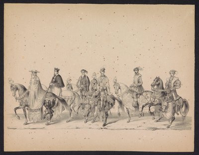 Maskarada studentów Utrechtu, 1846 (tabl. 16) Przedstawienie procesji w kostiumach, przedstawiającej procesję Filipa II, księcia Hiszpanii, w Utrechcie 3 października 1549 r., która odbyła się 17 czerwca 1846 r. przez H.H. Studenci Utrechtsche autorstwa Carel Christiaan Antony Last