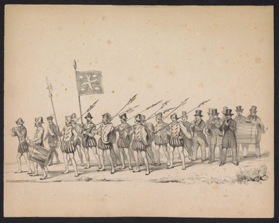 Maskarada studentów Utrechtu, 1846 (tabl. 22) Przedstawienie procesji w kostiumach, przedstawiającej procesję Filipa II, księcia Hiszpanii, w Utrechcie 3 października 1549 r., która odbyła się 17 czerwca 1846 r. przez H.H. Studenci Utrechtsche autorstwa Carel Christiaan Antony Last