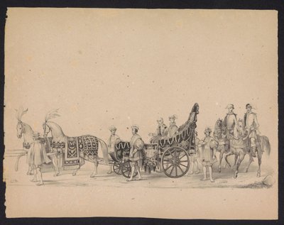 Maskarada studentów z Utrechtu, 1846 (tabl. 8) Przedstawienie procesji w kostiumach, przedstawiającej procesję Filipa II, księcia Hiszpanii, w Utrechcie 3 października 1549 r., która odbyła się 17 czerwca 1846 r. przez H.H. Studenci Utrechtsche autorstwa Carel Christiaan Antony Last