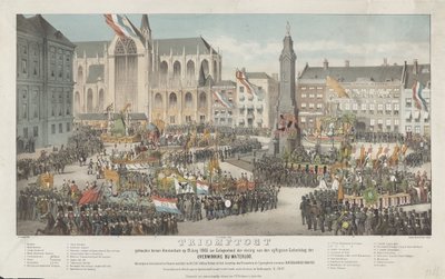 Triumf w Amsterdamie 19 czerwca 1865 r. z okazji obchodów pięćdziesiątej rocznicy zwycięstwa pod Waterloo (tytuł na obiekcie) autorstwa Carel Christiaan Antony Last
