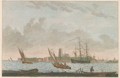 Dordrecht znad Merwedy, ok. 1790 Dordrecht van de Merwe na wystawie / La ville Dordrecht - nagroda du coté dela riviere dite la Merwe (tytuł na obiekcie) autorstwa Carel Frederik Bendorp (I)