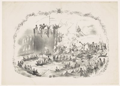 Karykatura przedstawiająca plany Thorbecke dotyczące zniesienia Uniwersytetu Nauk Stosowanych w Utrechcie, 1863 Bitwa pomiędzy dwoma potężnymi żywiołami (tytuł na obiekcie) autorstwa Carel Hendrik Thiebout