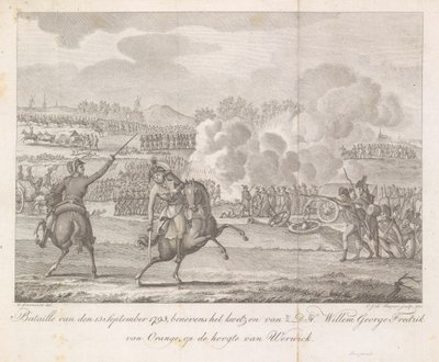 Książę Frederik zostaje ranny w Wervik, 1793 Bataille z 13. września 1793, oprócz zranienia H.D.H. Willem George Fredrik z Orange, naprzeciw Werwick (tytuł na obiekcie) autorstwa Carel Jacob de Huyser