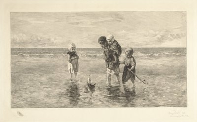 Czworo dzieci bawi się zabawkową łódką na plaży w płytkiej wodzie morskiej Dzieci morza autorstwa Carel Lodewijk Dake