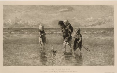 Czworo dzieci bawi się zabawkową łódką na plaży w płytkiej wodzie morskiej Dzieci morza Enfants de la mer (tytuł na obiekcie) autorstwa Carel Lodewijk Dake