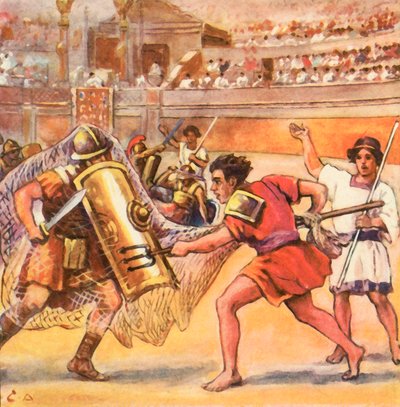 Bitwa Gladiatorów (ulepszona kolorowa litografia) autorstwa Carl Arriens