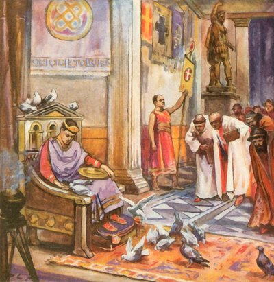 W rezydencji cesarskiej w Rawennie (powiększona kolorowa litografia) autorstwa Carl Arriens