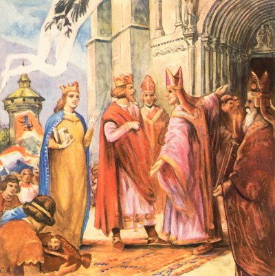 Król Henryk II konsekruje katedrę w Bambergu (powiększona kolorowa litografia) autorstwa Carl Arriens