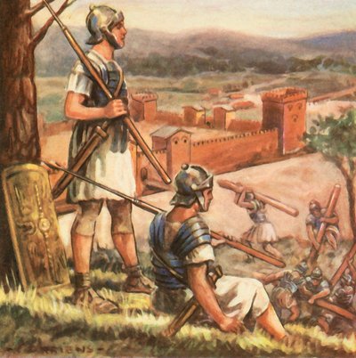 Rzymski fort na Renie (powiększona kolorowa litografia) autorstwa Carl Arriens