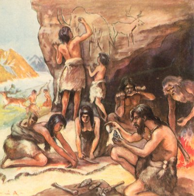 Jaskinia rodzinna z epoki kamiennej (powiększona kolorowa litografia) autorstwa Carl Arriens