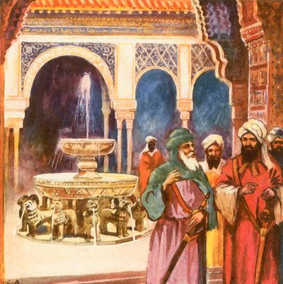 Dwór lwów w Alhambrze w Granadzie (powiększona kolorowa litografia) autorstwa Carl Arriens