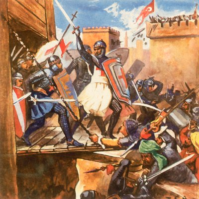 Atak krzyżowców na Acre (powiększona kolorowa litografia) autorstwa Carl Arriens