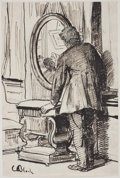 Młody mężczyzna patrzy na trzy kobiety w lustrze autorstwa Carl Bloch