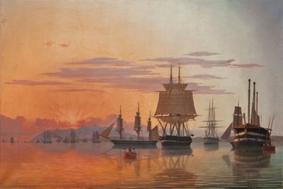 Fregata Thetis i korweta Flora na rzece Tag, 1844. autorstwa Carl Dahl