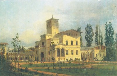 Widok na budynek bażantów w pobliżu zamku Charlottenhof autorstwa Carl Daniel Freydanck