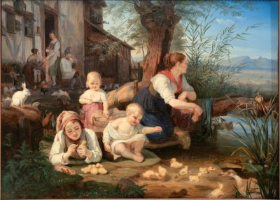 Matka z dziećmi nad wiejskim stawem autorstwa Carl Engel von Rabenau