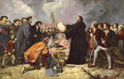Marcin Luter pali bullę papieską w 1520 r. (kolor lito) autorstwa Carl Friedrich (after) Lessing