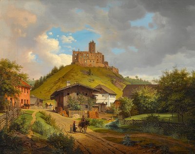 Ruiny zamku Hilgartsberg i widok na Hofmark nad Dunajem. 1829 autorstwa Carl Friedrich Heinzmann