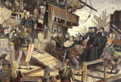 Sprowadzenie pirata Klausa Störtebekera w Hamburgu autorstwa Carl Gehrts