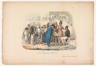 Stoisko księgarza w Neapolu Le Bouquiniste Napolitain (tytuł na obiekcie) Sceny gatunkowe w Neapolu (tytuł serialu) Sceny popularne de Naples i douze Tableaux (tytuł serii) autorstwa Carl Gustaf Hjalmar Mörner
