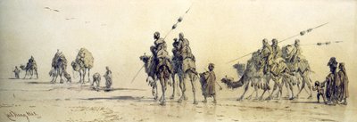 Karawana Beduinów zbliżająca się do studni na pustyni, 1868 (ołówek i umyć na papierze) autorstwa Carl Haag
