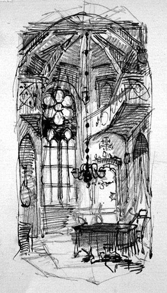 Szkic pracowni artysty Oberwesel (pióro i atrament i ołówek na papierze) autorstwa Carl Haag
