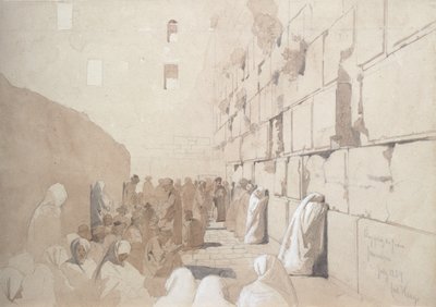 „Am Klageplatz der Juden”, Ściana Płaczu w Jerozolimie, 1869 (ołówek i plama podkreślone bielą na papierze) autorstwa Carl Haag