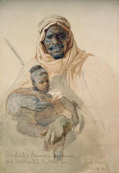 Bachist, Bedawee Howazeen i Mabzookh, jego mały syn, 1859 (ołówek i wc na papierze) autorstwa Carl Haag