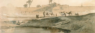 Na zewnątrz Bab il Cadit, Kair, 1859 (ołówek i pranie na papierze) autorstwa Carl Haag