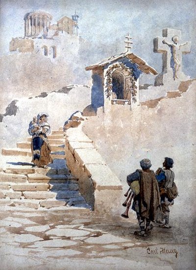 „Pifferari w Tivoli” (akwarela na papierze) autorstwa Carl Haag