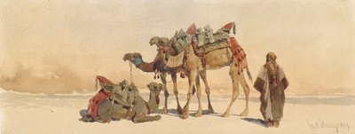 Odpoczynek z trzema wielbłądami na pustyni, 1859 autorstwa Carl Haag