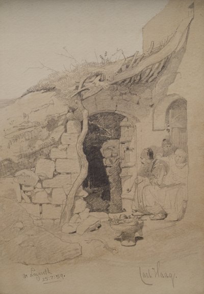 Trzy postacie siedzące przed domem, Nazaret, 1859 (ołówek i pranie na papierze) autorstwa Carl Haag