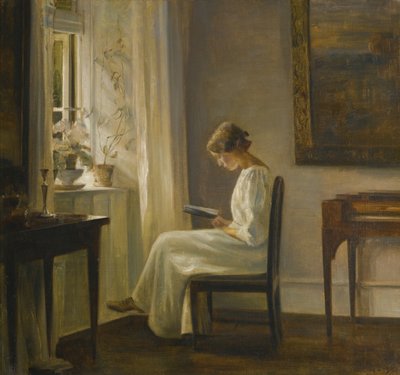 Wnętrze z czytającą kobietą autorstwa Carl Holsoe