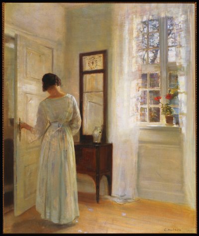 Pani patrząca w lustro przy otwartych drzwiach (olej na płótnie) autorstwa Carl Holsoe