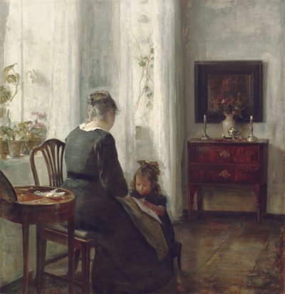 Matka i dziecko we wnętrzu (olej na płótnie) autorstwa Carl Holsoe