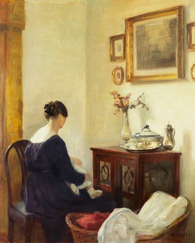 Matka i dziecko we wnętrzu (olej na płótnie) autorstwa Carl Holsoe