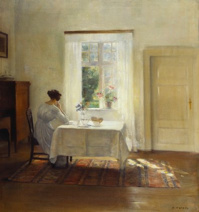 Kobieta siedząca przy stole przy oknie (olej na płótnie) autorstwa Carl Holsoe