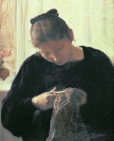 Kobieta szyjąca autorstwa Carl Holsoe