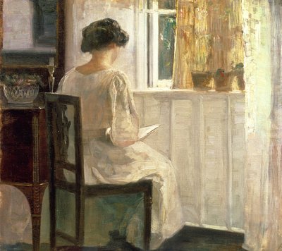 Dziewczyna czytająca w nasłonecznionym pokoju autorstwa Carl Holsoe