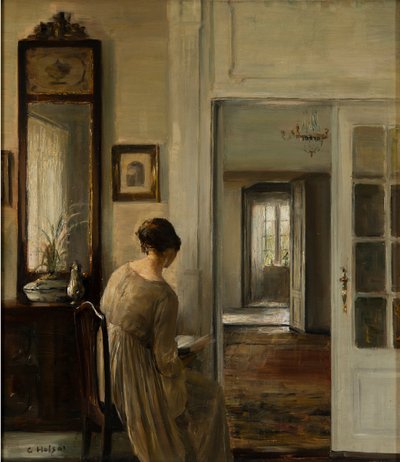 Wykład. La femme du peintre - Czytanie. Żona malarza - Carl Holsoe (1863-1935). Olej na płótnie Wymiar : 58x52 cm Kolekcja prywatna autorstwa Carl Holsoe