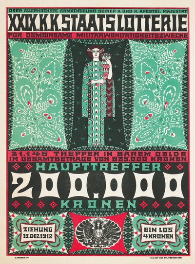 Plakat reklamujący 24. królewską austriacką loterię charytatywną w 1912 r. autorstwa Carl Krenek