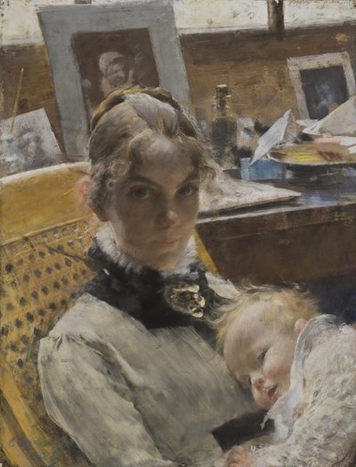 Idylla pracowni: artystka i córka Suzanne, 1885 (pastel) autorstwa Carl Larsson
