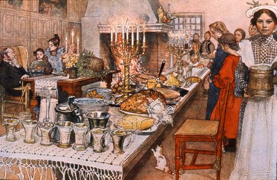 Kolacja wigilijna w Szwecji, początek XX wieku (ilustracja) autorstwa Carl Larsson