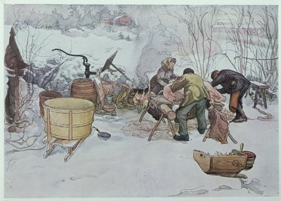„Killing the Pig”, ilustracja do „My Little Farm”, opublikowana w Szwecji, 1904 autorstwa Carl Larsson