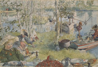 La peche aux ecrevisses - Łowienie raków, Larsson, Carl (1853-1919). Kolory akrylowe na papierze. Wymiar : 32x43 cm. Muzeum Narodowe w Sztokholmie autorstwa Carl Larsson